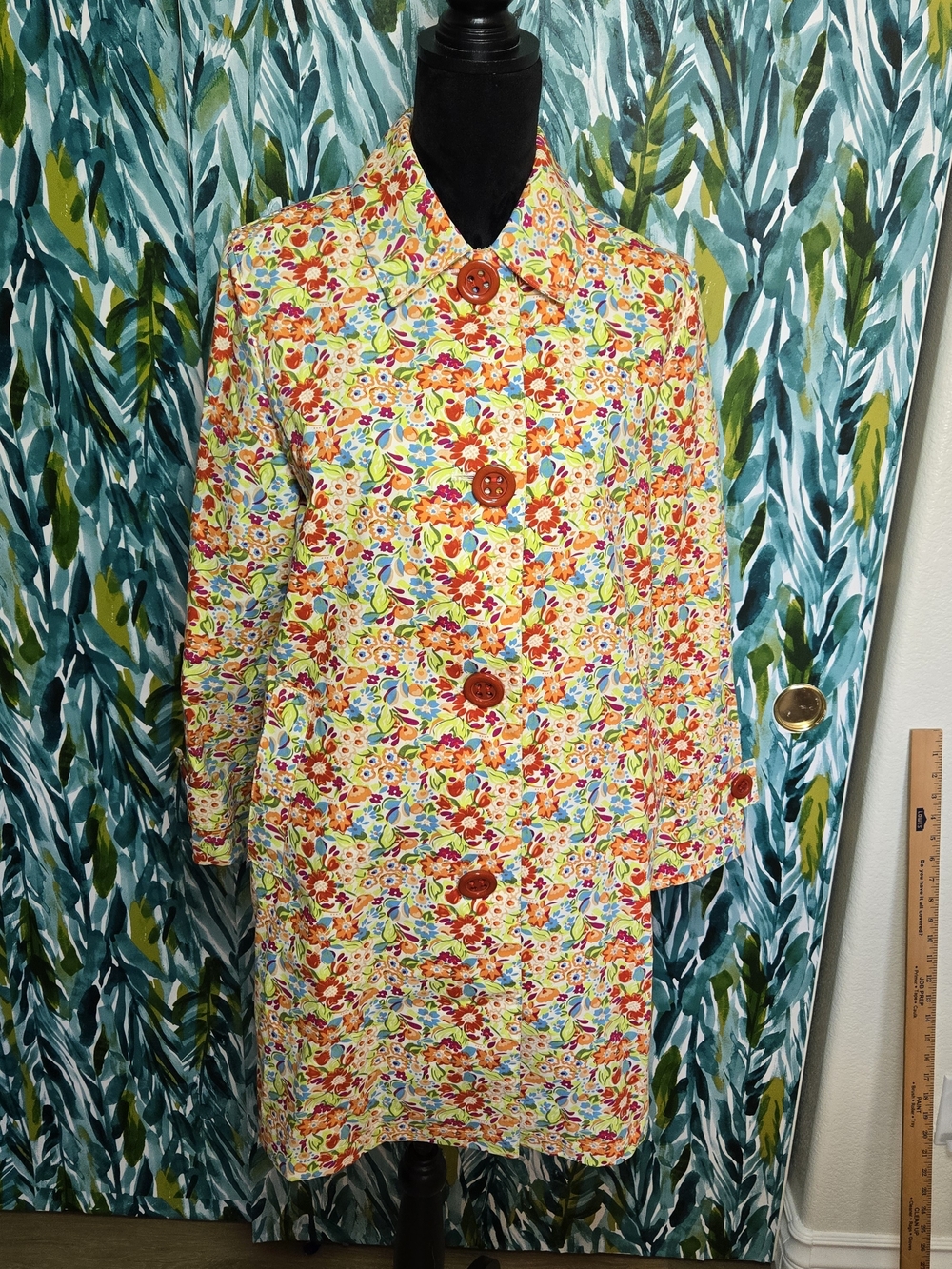 Vintage 90s Bill Blass Signature Floral Trench Coat Jacket Size 10